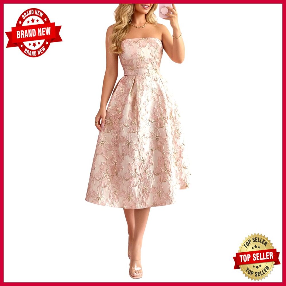 Floral Strapless Midi Dress Formal Prom Party A-Line Tube Top